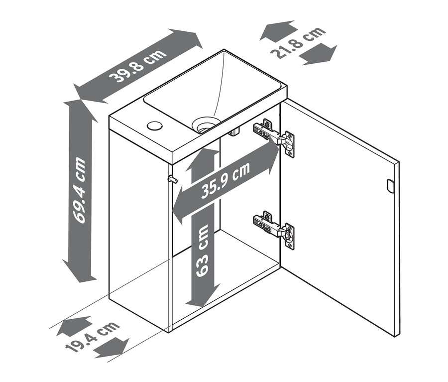Skizze eines Gästewaschbeckens mit Unterschrank und den dazugehörigen Maßen.