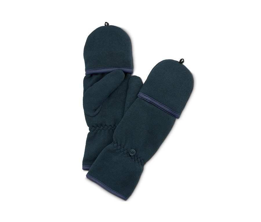 Zwei marineblaue Strickfleece-Klappfäustlinge liegen auf einem weißen Hintergrund.