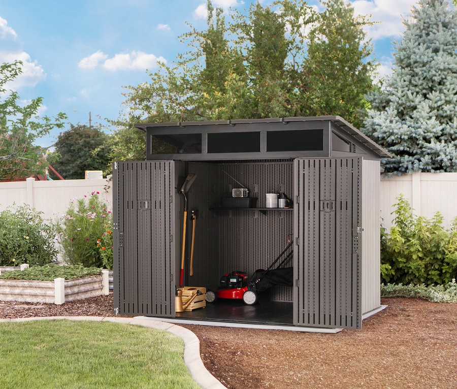 Offenes Gerätehaus mit Pultdach, 254 cm, im Garten.