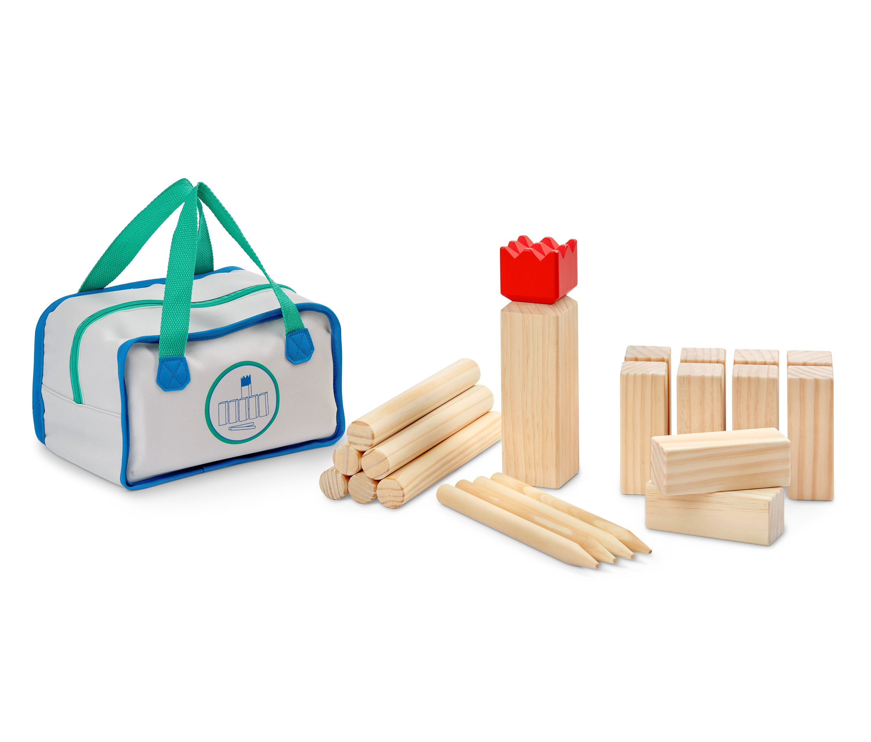 Ein Kubb-Spiel, auch bekannt als Wikingerschach, aus Holz mit einer Tragetasche.