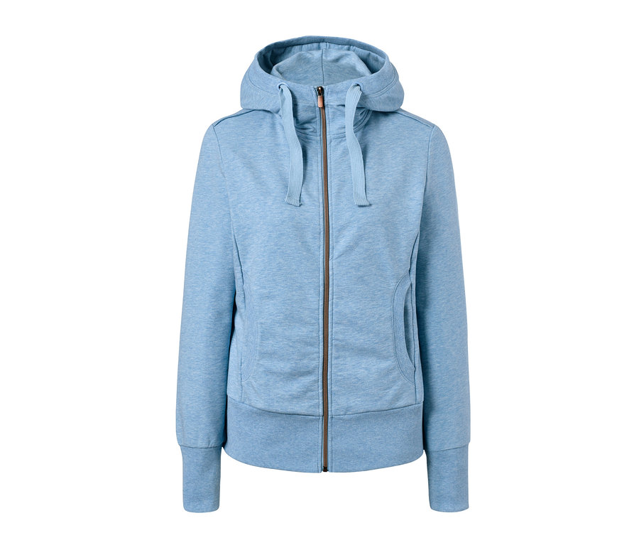Hellblaue Sweatjacke mit Kapuze und Reißverschluss in der Mitte.