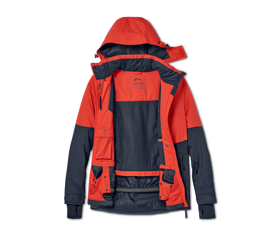 Offene Skijacke, rot-blau.