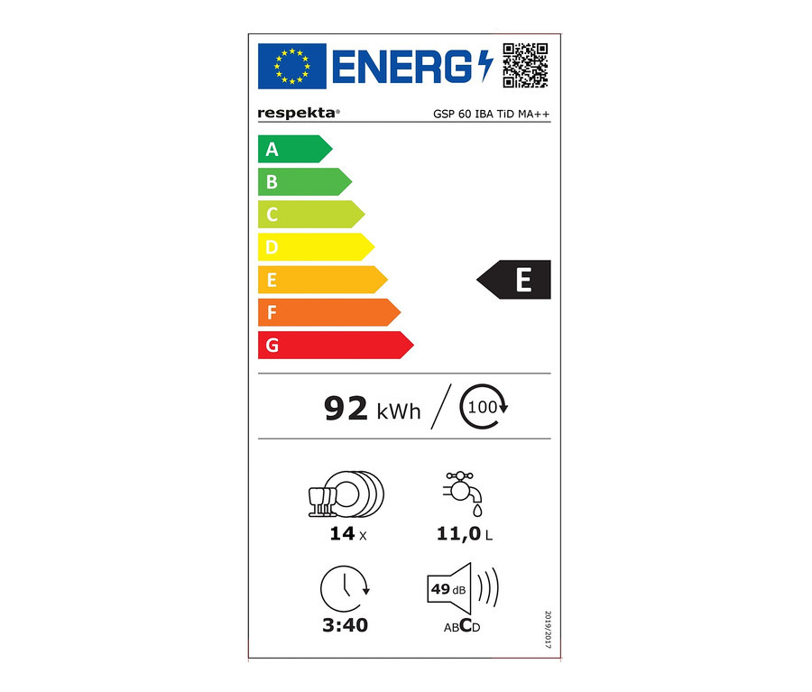 Energielabel des Respekta®-Geschirrspülers GSP60IBATIDMA++ mit der Energieeffizienzklasse E, einem Verbrauch von 92 kWh und einem Geräuschpegel von 49 dB.
