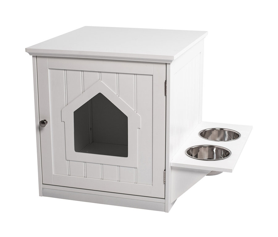 Weißer Katzenschrank mit Futterstation mit zwei Edelstahlnäpfen.