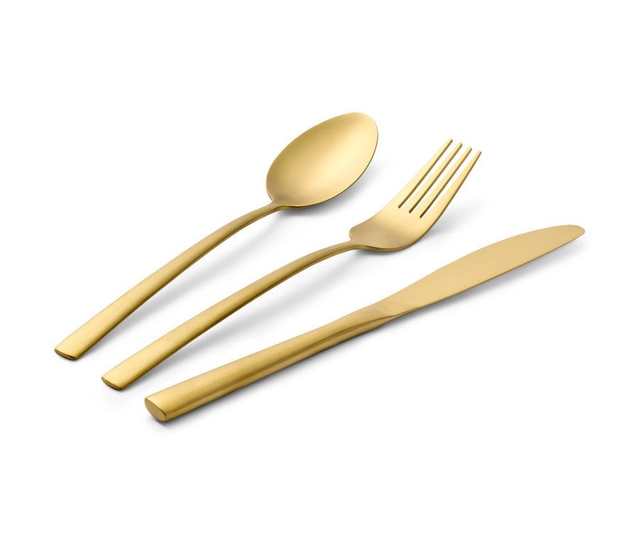 Ein 6-teiliges Besteck-Set in Goldfarbe auf weißem Hintergrund.