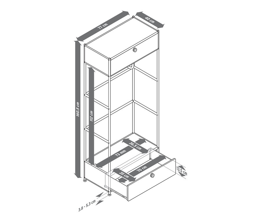 Eine Skizze des Ankleide Metall »CN3« mit 2 Schubladen und Abmessungen.