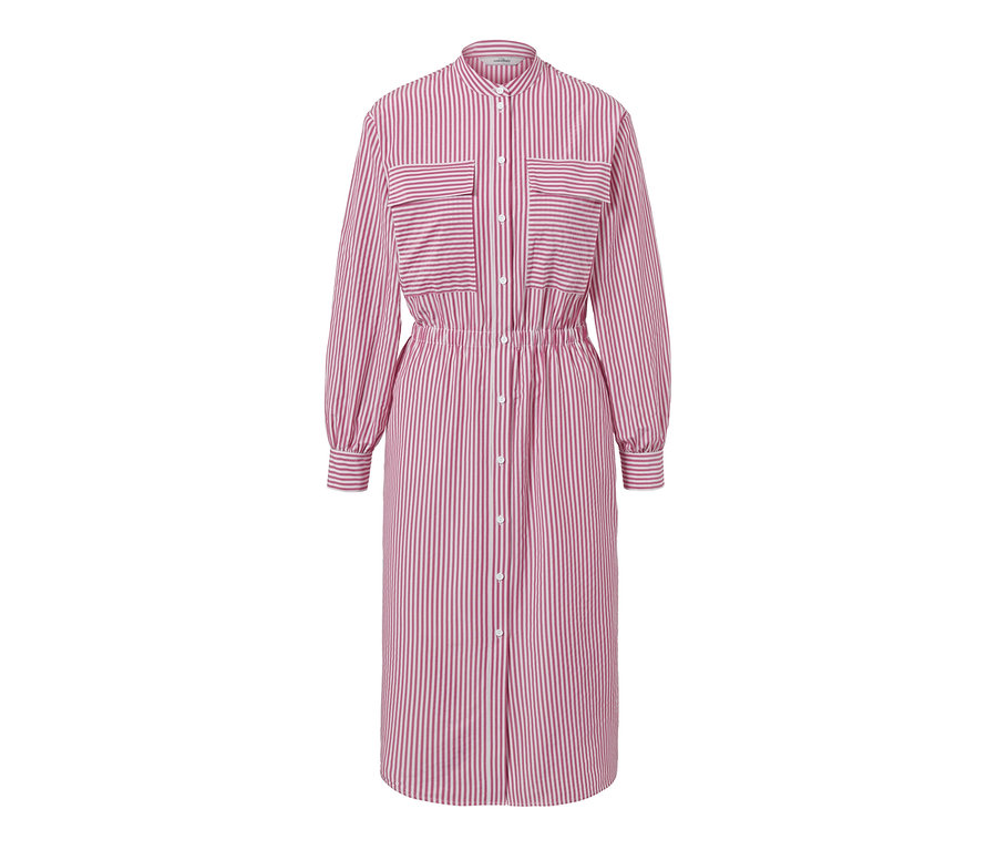 Gestreiftes Blusenkleid mit langen Ärmeln und Knöpfen.
