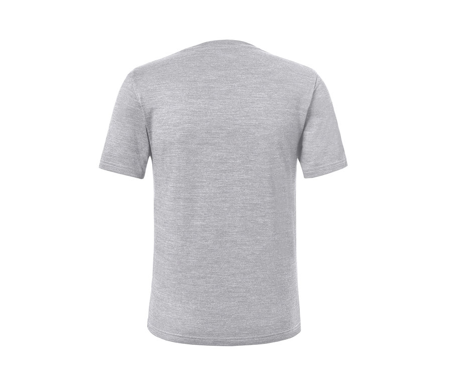 Detailansicht eines grauen Funktionsshirts mit kurzen Ärmeln, die Rückseite des Shirts aus dem 2er-Set Funktionsshirts mit RWS-Wolle ist sichtbar.