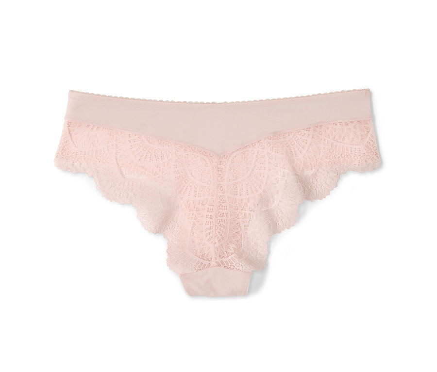 Ein einzelner rosa Brazilslip mit Spitze.