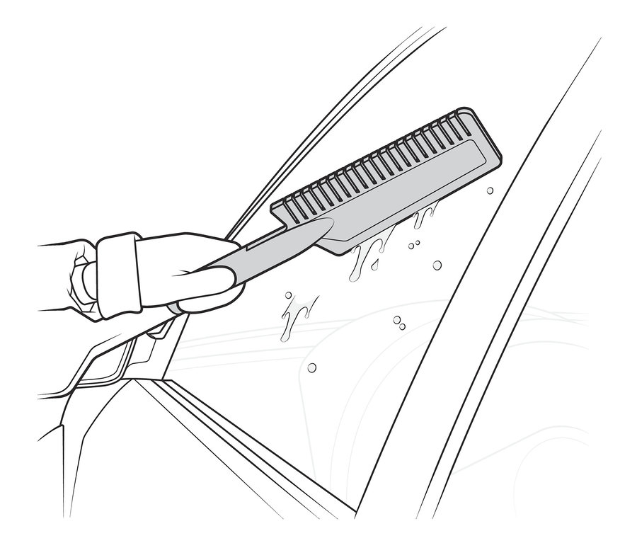 Eine Hand mit Handschuh benutzt einen 3-in-1-Auto-Eiskratzer-und-Schneefeger, um eine Autoscheibe zu reinigen.