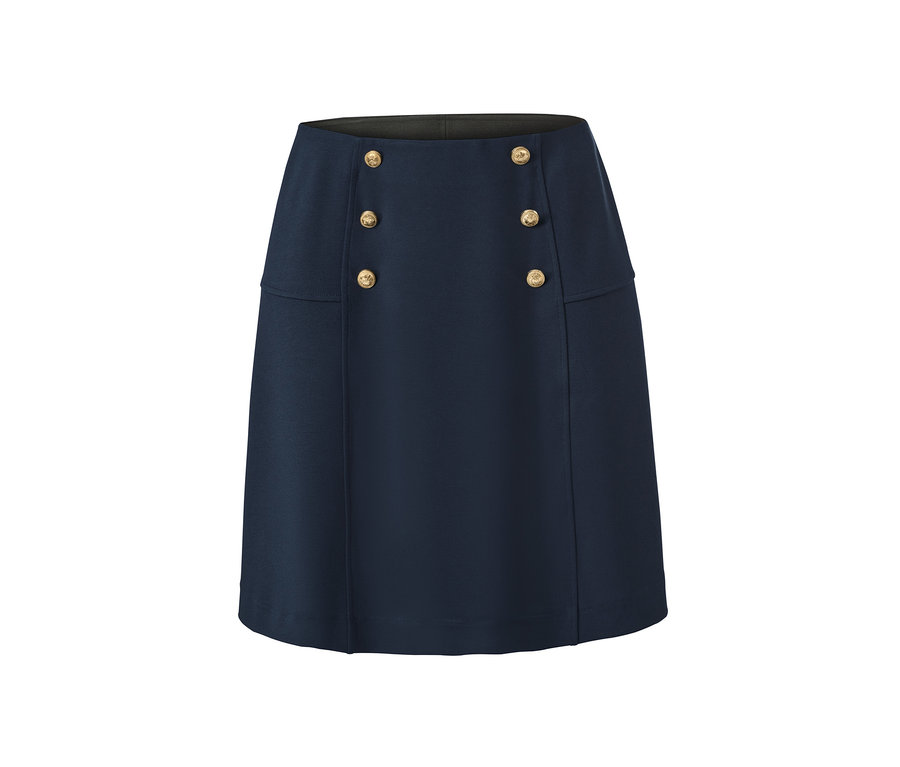 Marineblauer Jerseyrock mit dekorativen goldenen Knöpfen.