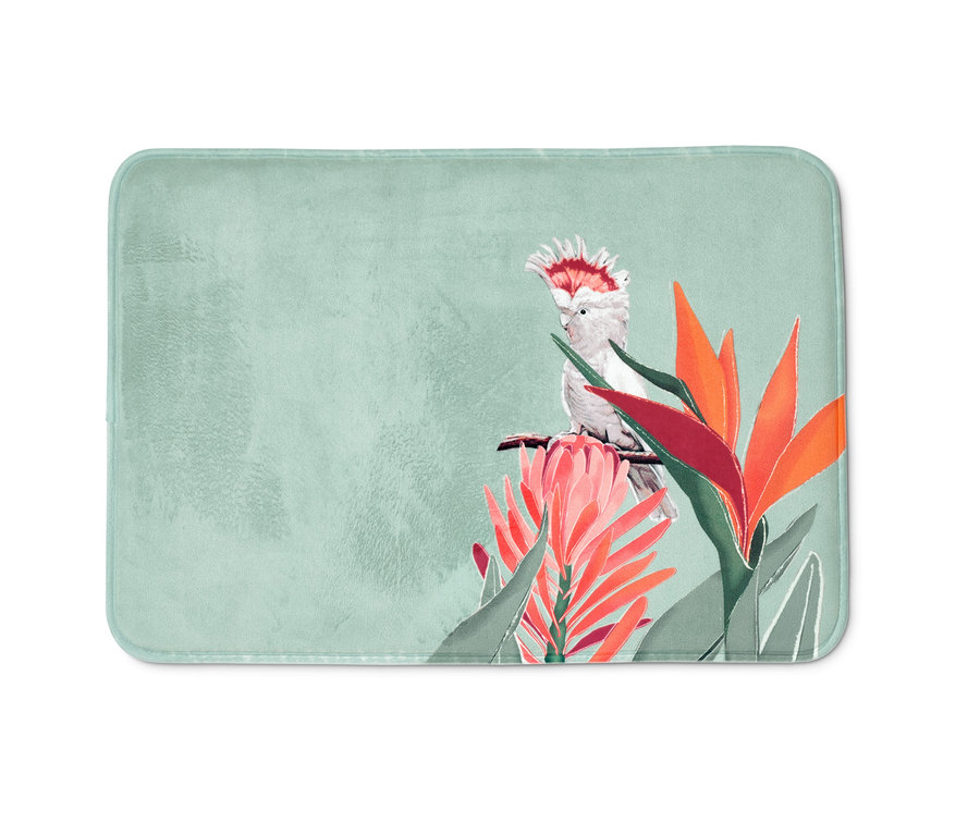 Mintgrüne Komfort-Badematte »Tropic« mit Kakadu und tropischen Blumen.