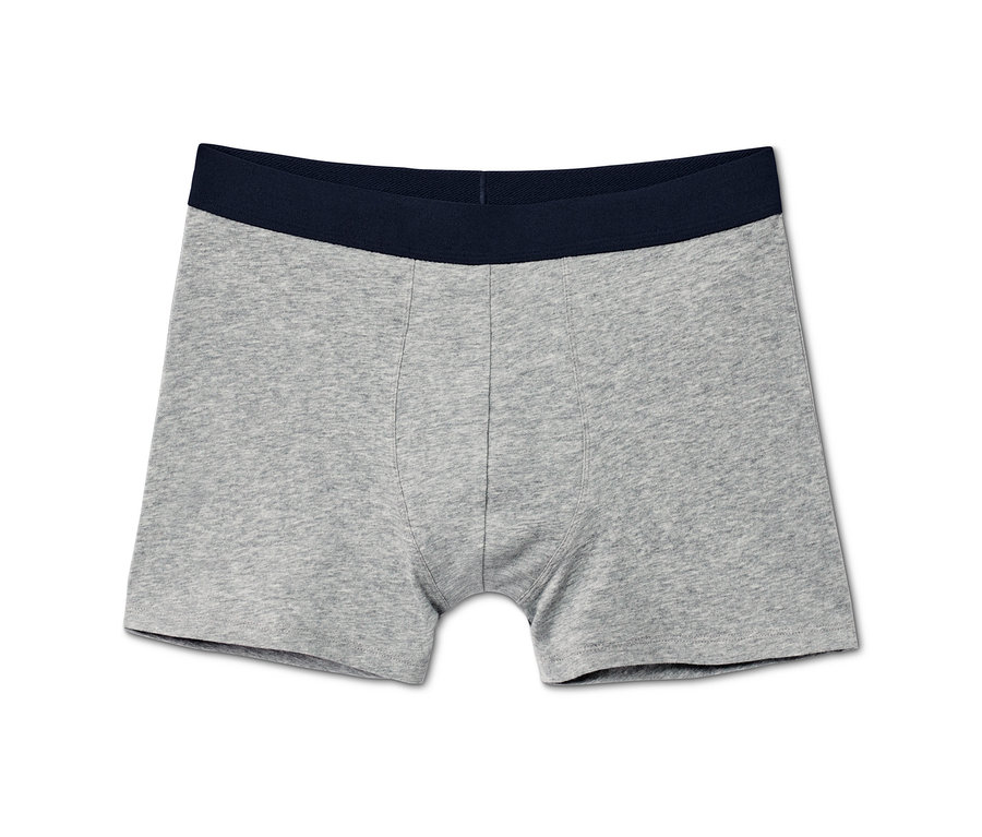 Eine graue 5er Packung Slipboxer mit marineblauem Bund.