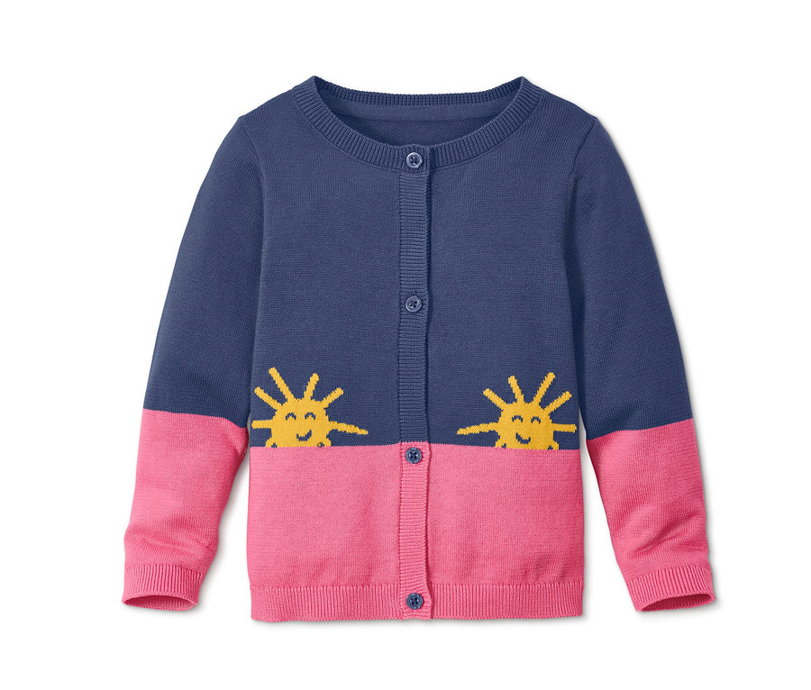 Blau-rosa Strickjacke aus Bio-Baumwolle mit Sonnenmotiv.