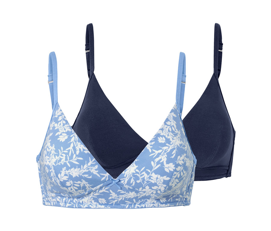 Zwei Soft-BHs: einer hellblau mit Blumenmuster, der andere dunkelblau.