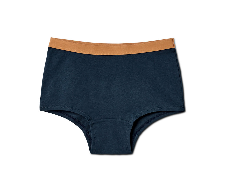 Eine marineblaue Kinder-Panty mit einem braunen Bund. 3 Kinder-Pantys.