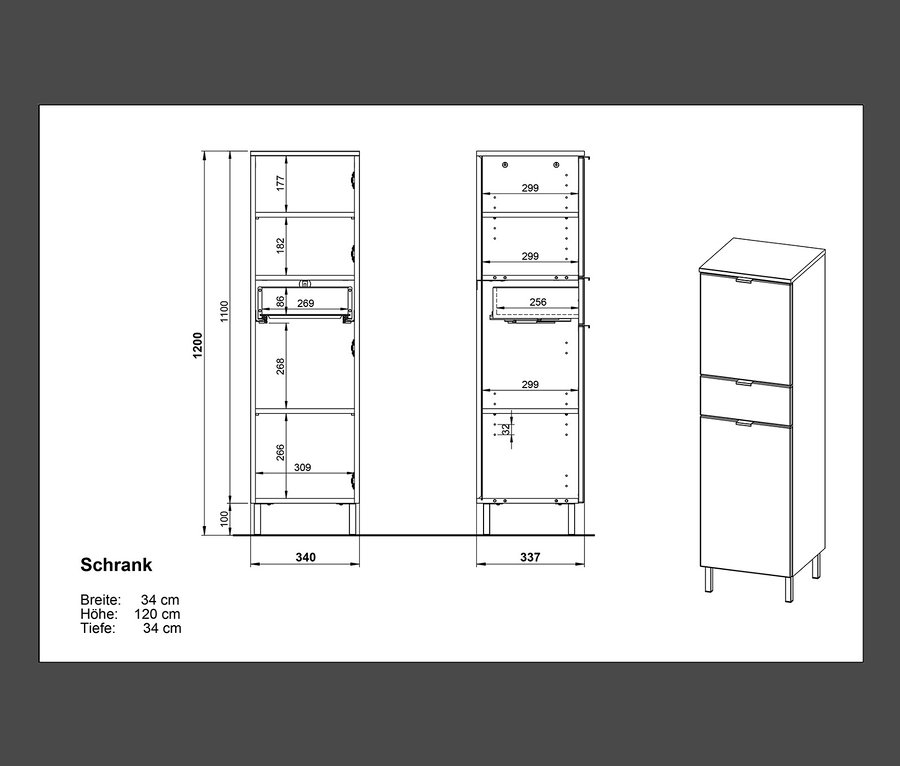 Diagramme von »Mauresa« Schränken in verschiedenen Konfigurationen.