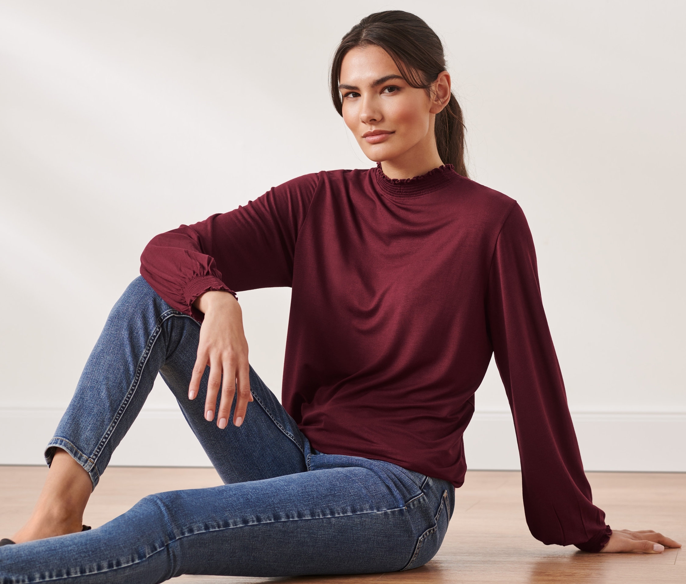 Thumbnail - Tchibo - Blusenshirt mit Stehkragen - Damen - Gr. L - dunkelrot