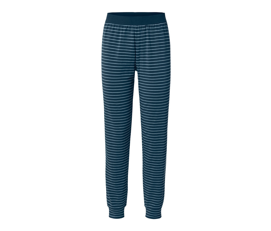 Eine marineblaue Pyjamahose mit weißen horizontalen Streifen.