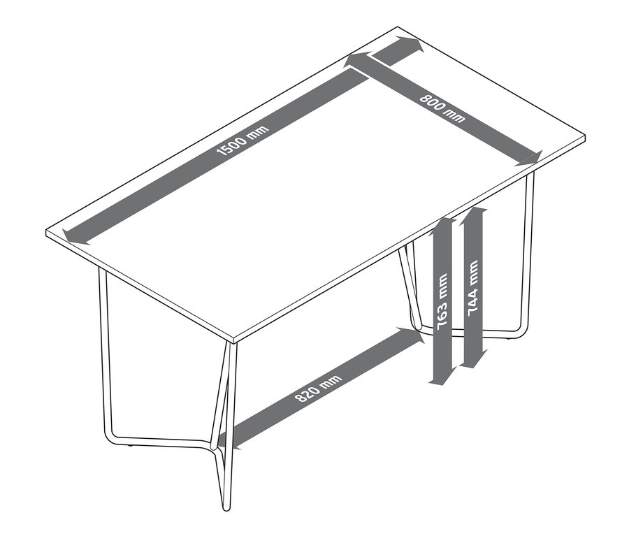Skizze eines Designtischs in Steinoptik mit Metallgestell und Abmessungen.