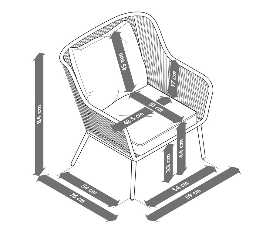 Skizze eines Gartensofa-Sets aus Textilgeflecht mit hervorgehobenen Abmessungen.