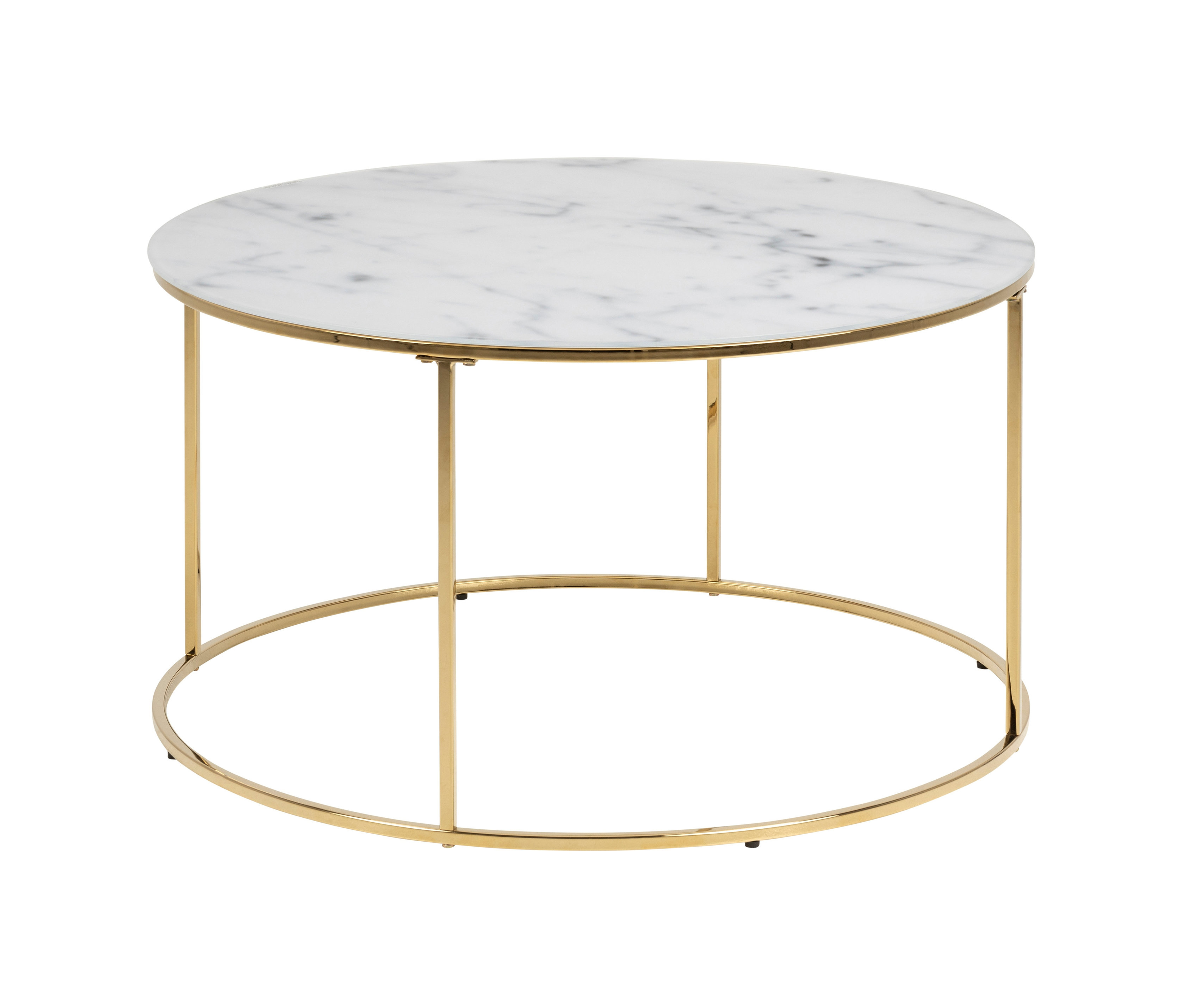 Runder Couchtisch »Bolton« mit weißer Marmorplatte und goldenem Metallrahmen.