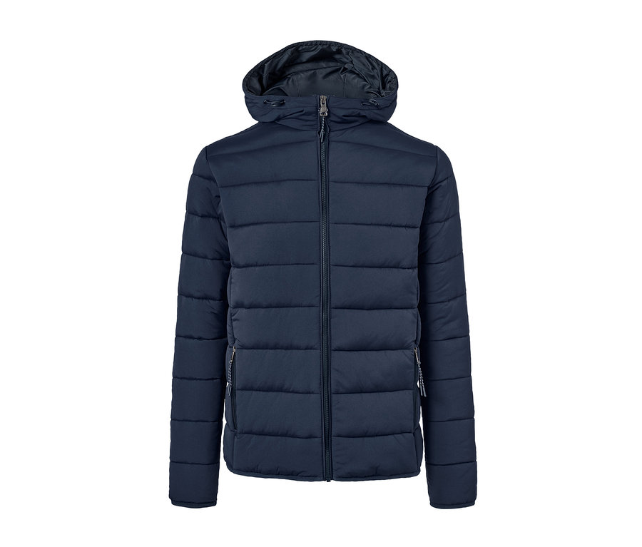 Eine marineblaue Steppjacke mit Kapuze.