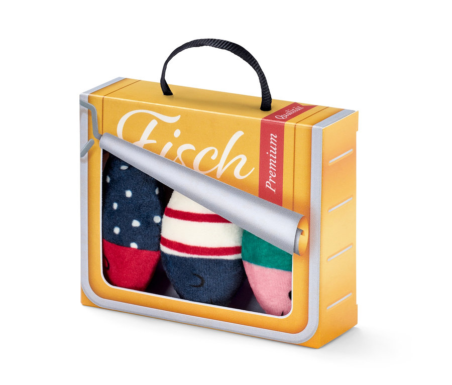 Gelbe Dose mit Katzenspielzeug »Fische«, 3 Stück.