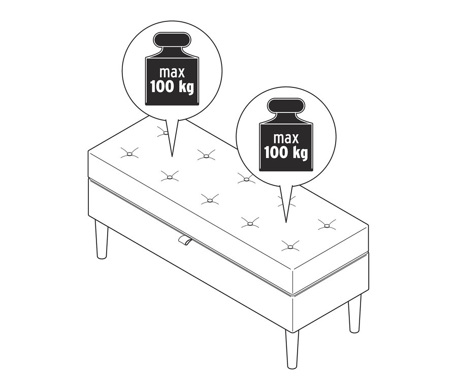 Illustration einer Polsterbank mit Truhenfunktion, die ein maximales Gewicht von 100 kg tragen kann.