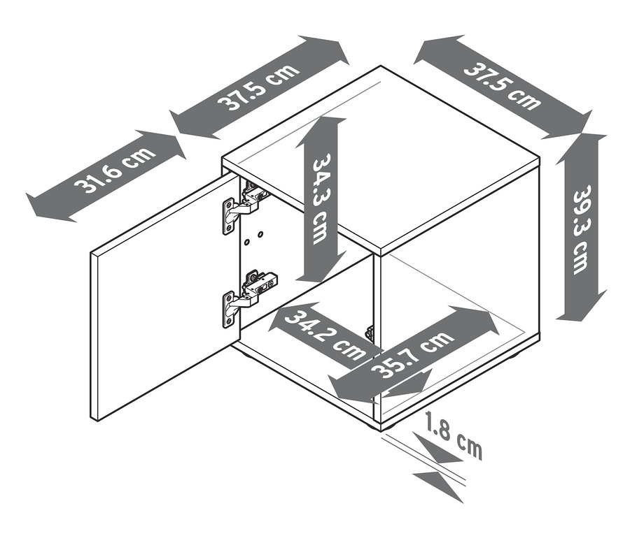 Skizze eines Regalmoduls »Flemming«, ca. 37,5 x 37,5 cm, mit offener Tür.