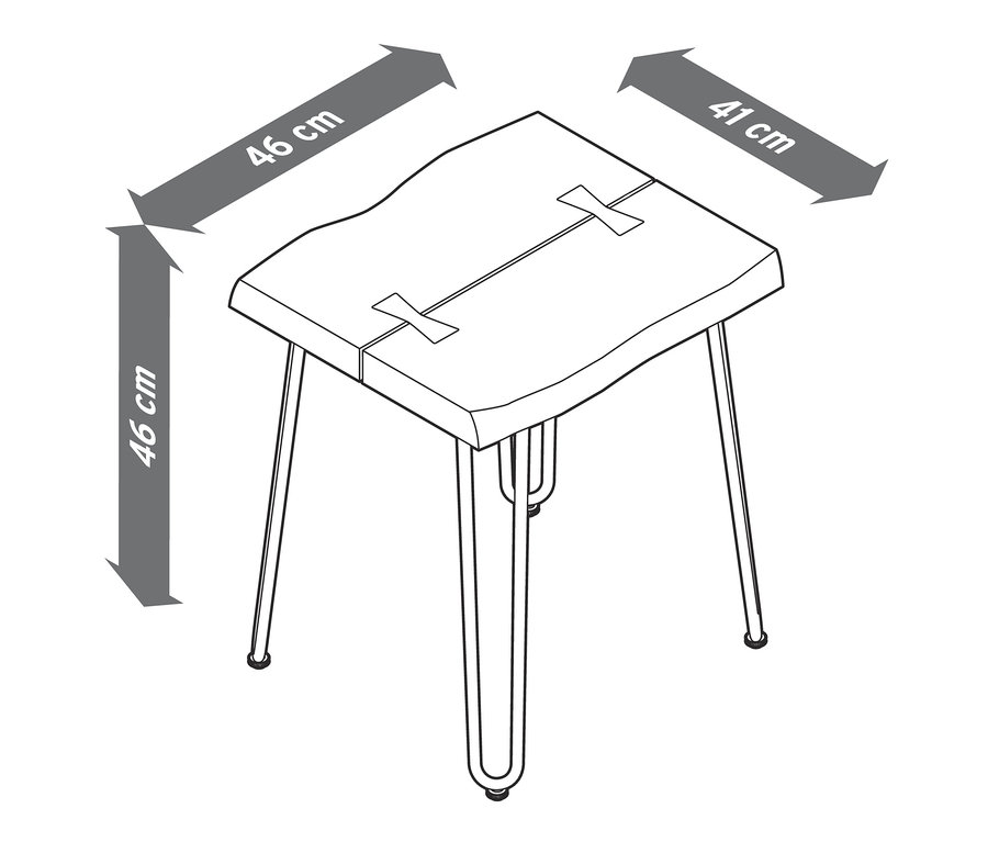 Skizze eines Beistelltisches in Teakoptik mit den Maßen 46 cm x 46 cm x 41 cm.