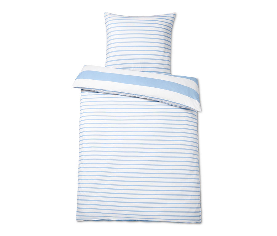 Blaue gestreifte Microfaser-Bettwäsche in Normalgröße und Übergröße.
