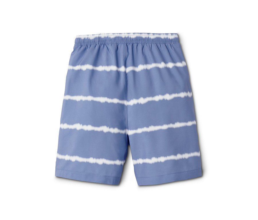 Blaue Badeshorts aus recyceltem Material mit weißen Streifen.