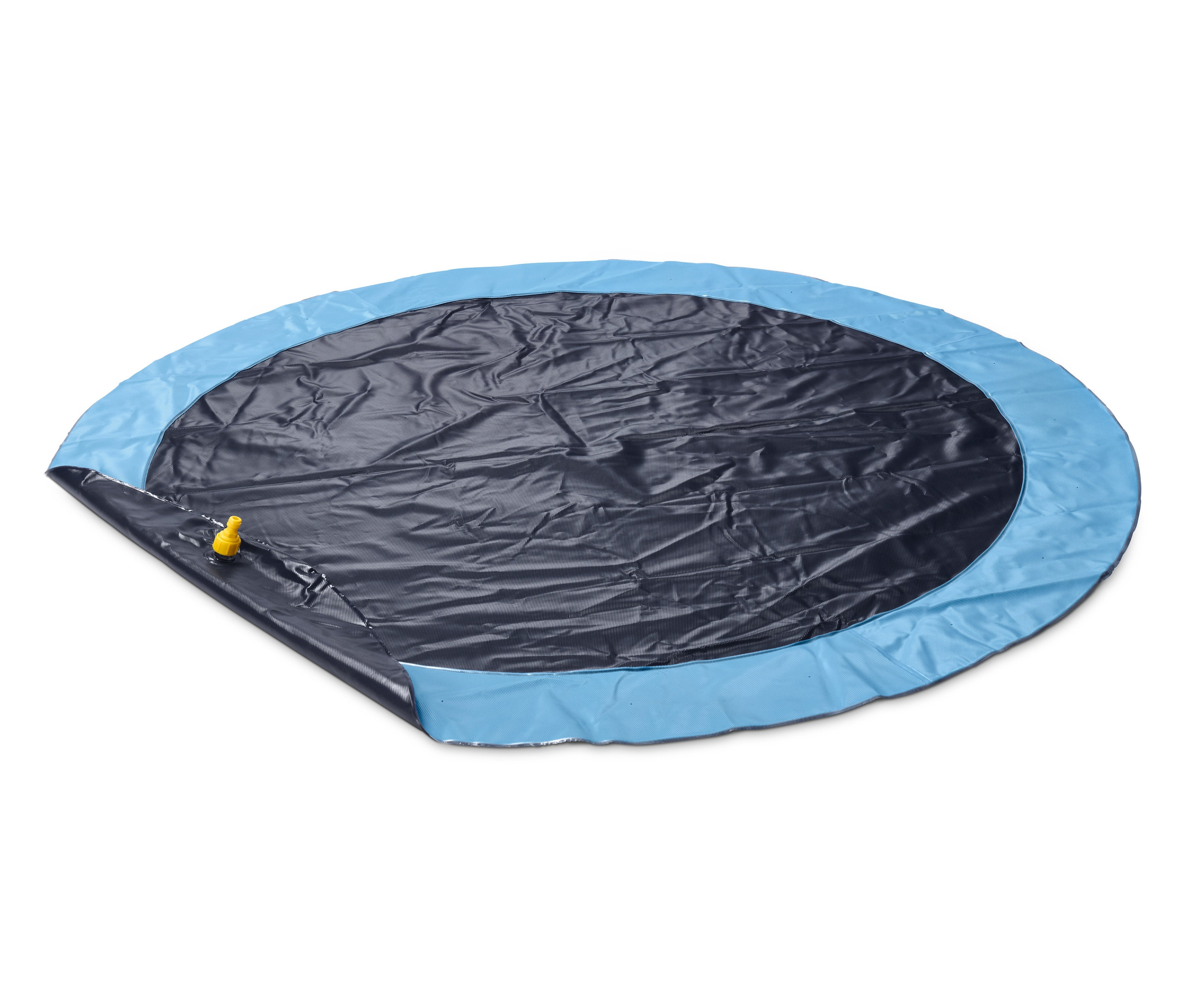 Eine blaue Hunde-Wasserspielmatte liegt auf einem weißen Hintergrund.