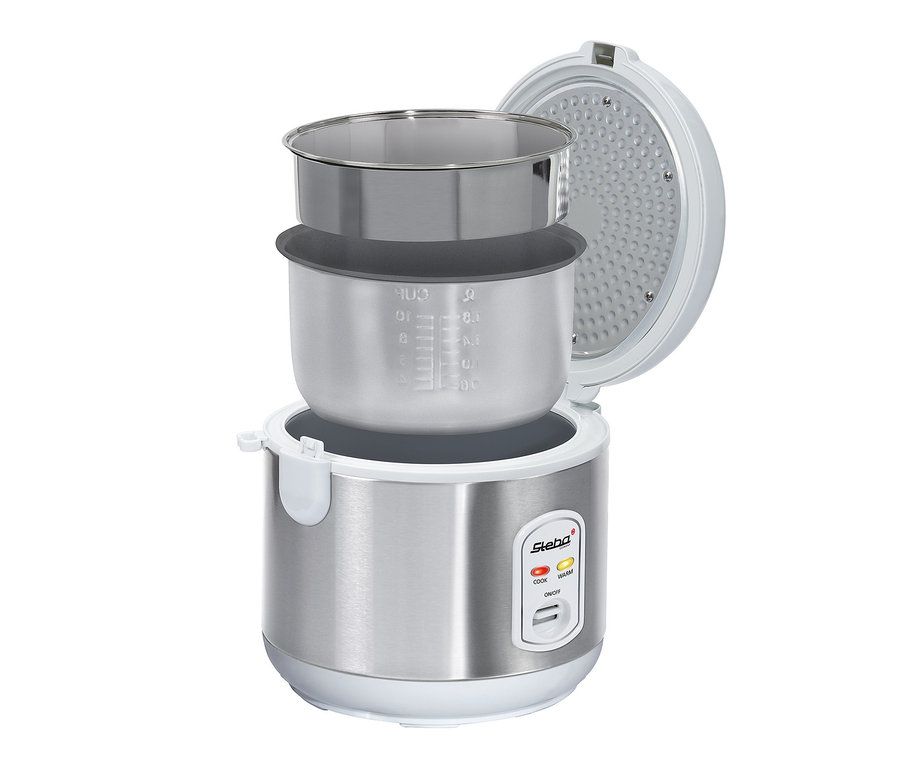 Detailansicht des Steba Reiskochers RK 2 mit geöffnetem Deckel und Innenbehälter.