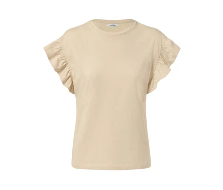 Sandfarbenes Shirt mit Volant an den kurzen Ärmeln.