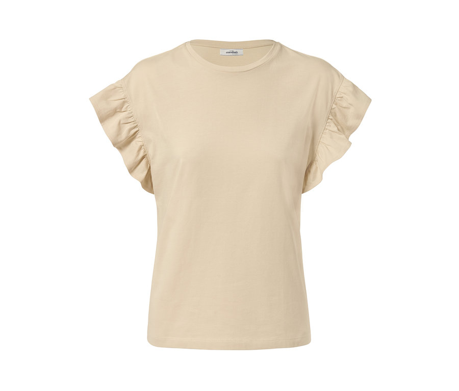 Sandfarbenes Shirt mit Volant an den kurzen Ärmeln.