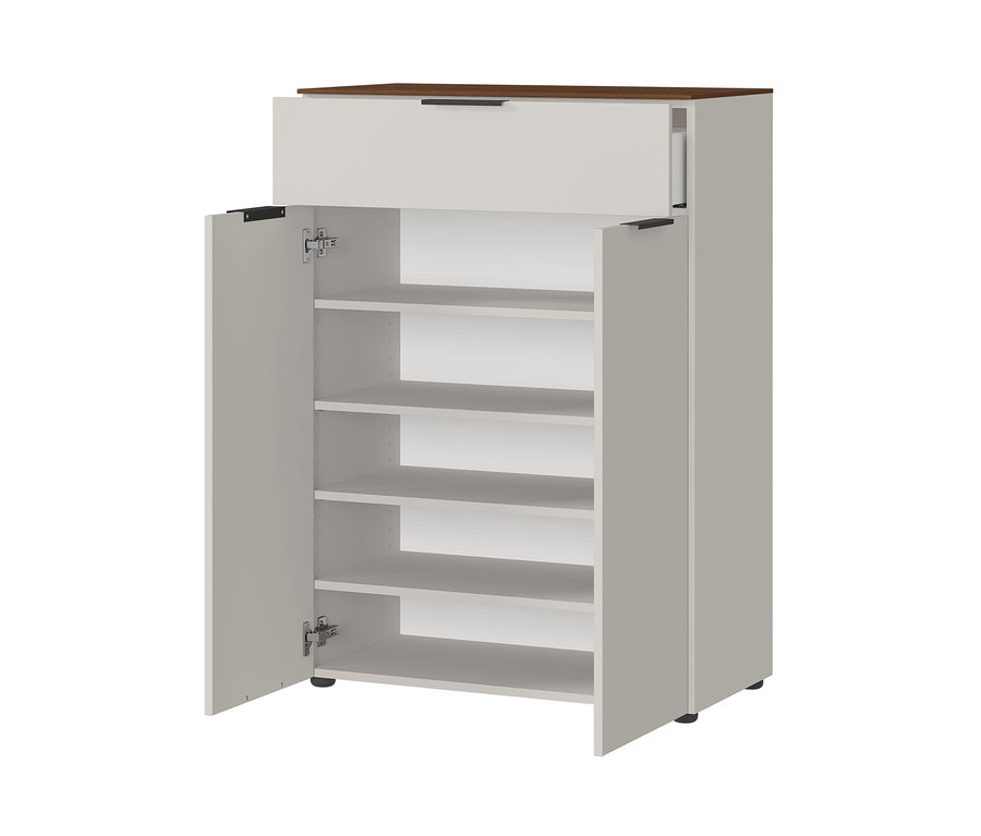 Weißer Germania Schuhschrank »California« mit brauner Schublade und offenen Türen.