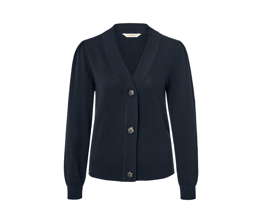 Dunkelblaue Strickjacke mit Knöpfen.