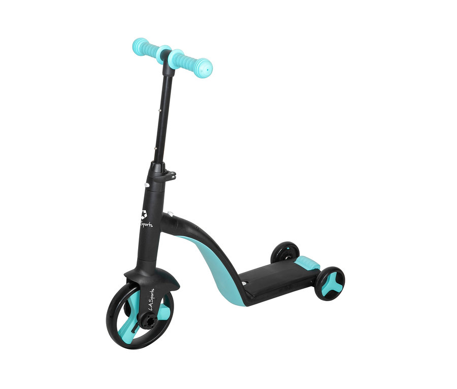 Schwarzes und türkises LA Sports 3-in-1-Laufdreirad.