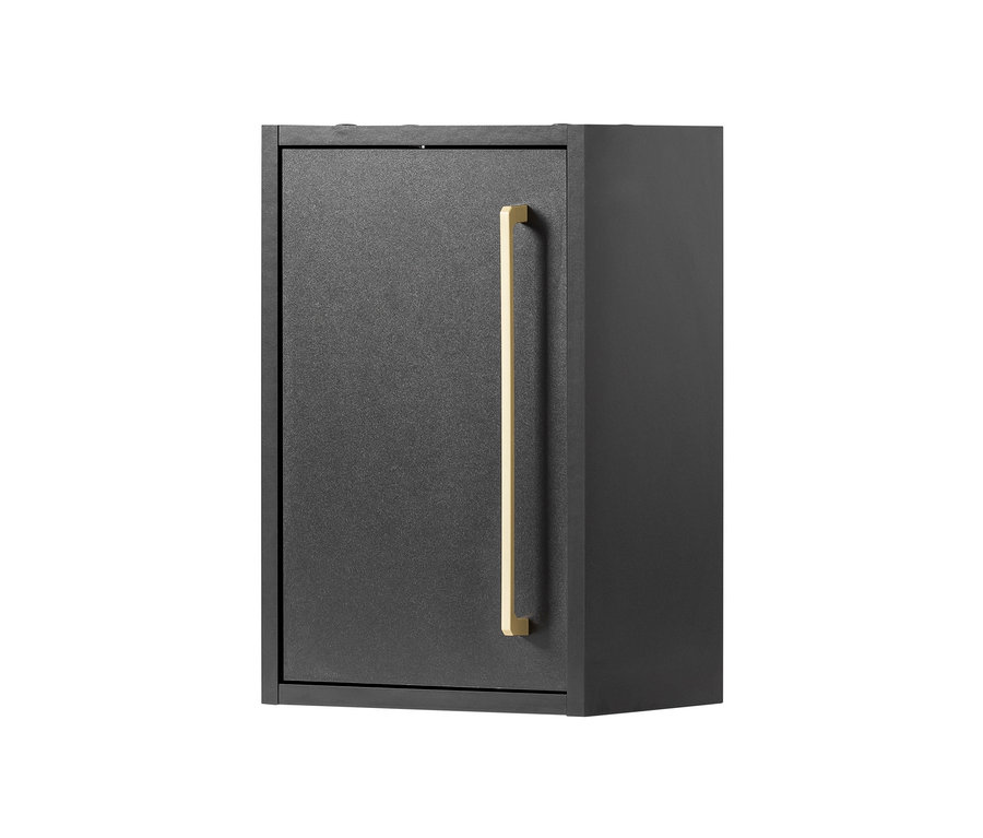Ein schwarzer Hängeschrank mit einem langen, goldenen Griff.