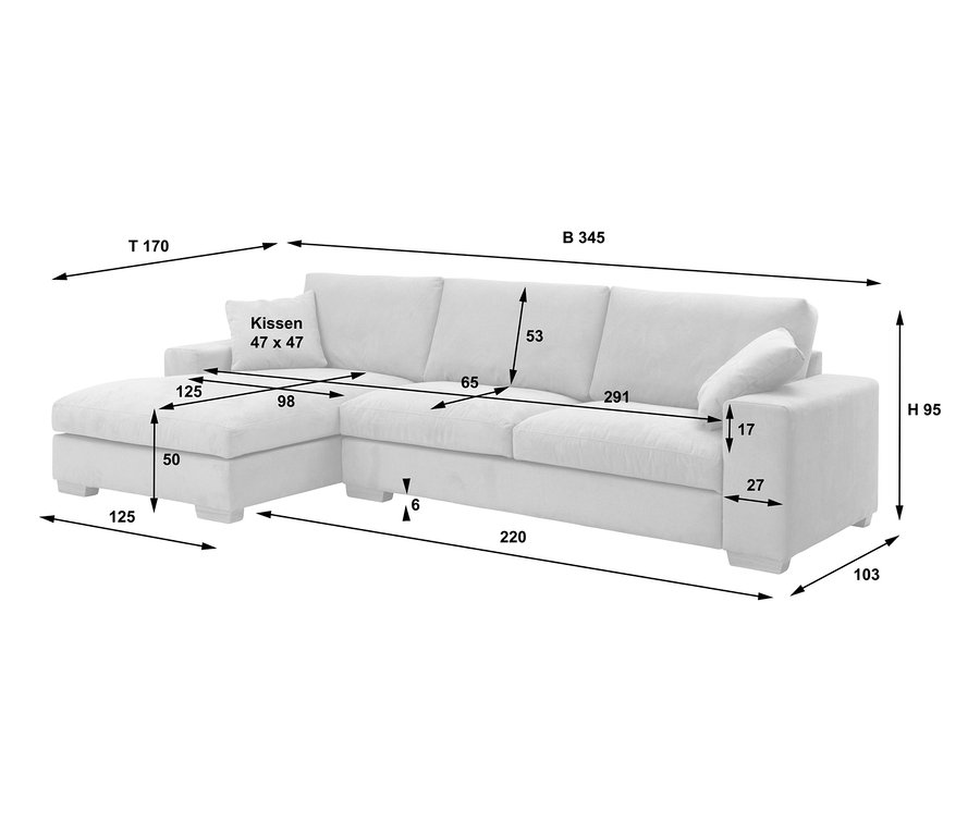 Abmessungen des beigen 2,5-Sitzer-Sofas »Lea« mit Longchair links.