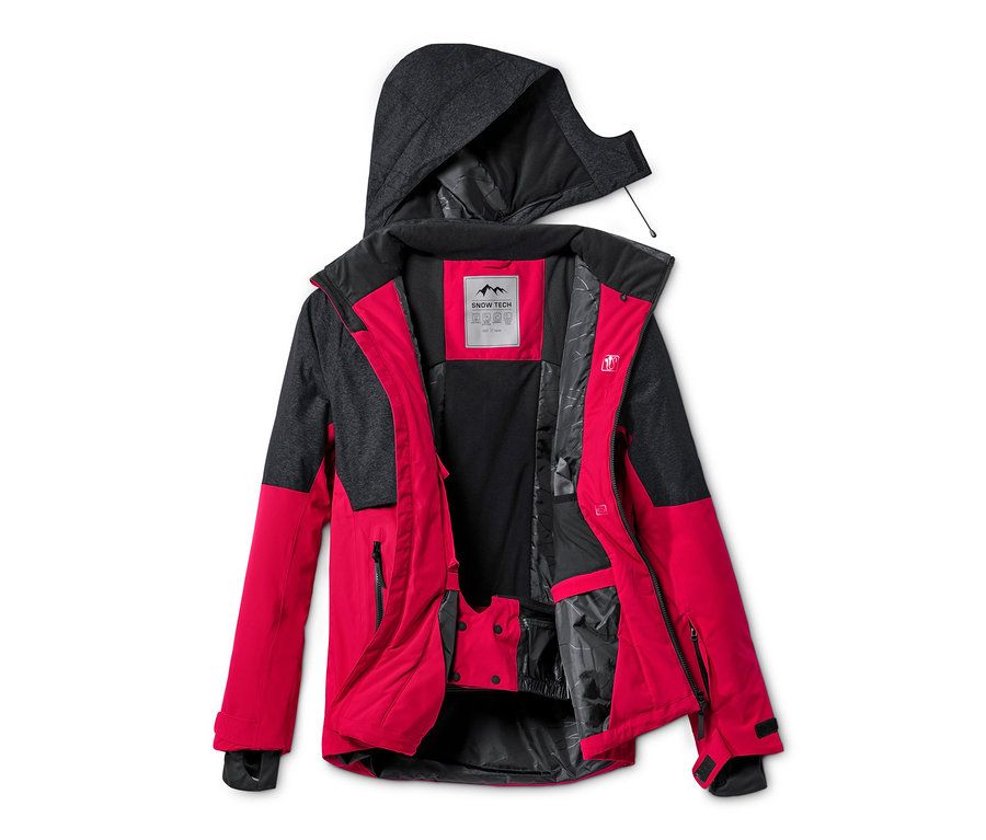 Offene High-End-Skijacke in Rot und Schwarz mit Kapuze.