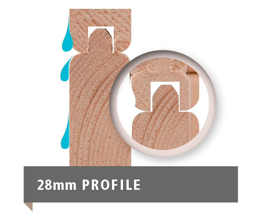 Detailansicht eines Profils des Karibu Gartenhaus, 28 mm, (Barne 7) mit hervorgehobener Nut zur Wasserableitung.