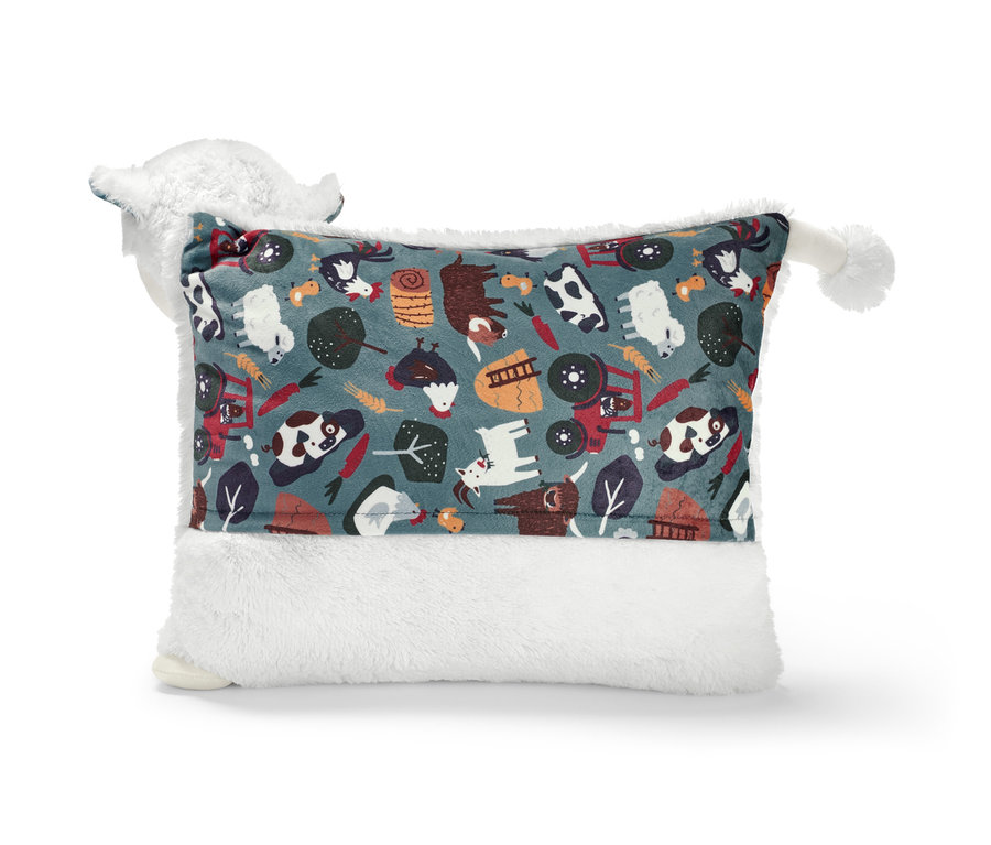 Kuschelkissen »Schaf« mit Pyjamafach, bedruckt mit Tieren und landwirtschaftlichen Motiven.