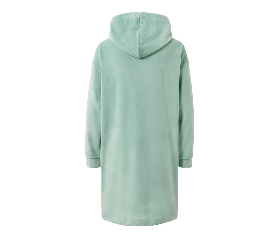 Rückansicht des Nicki Loungewear-Kleids in Mintgrün mit Kapuze.