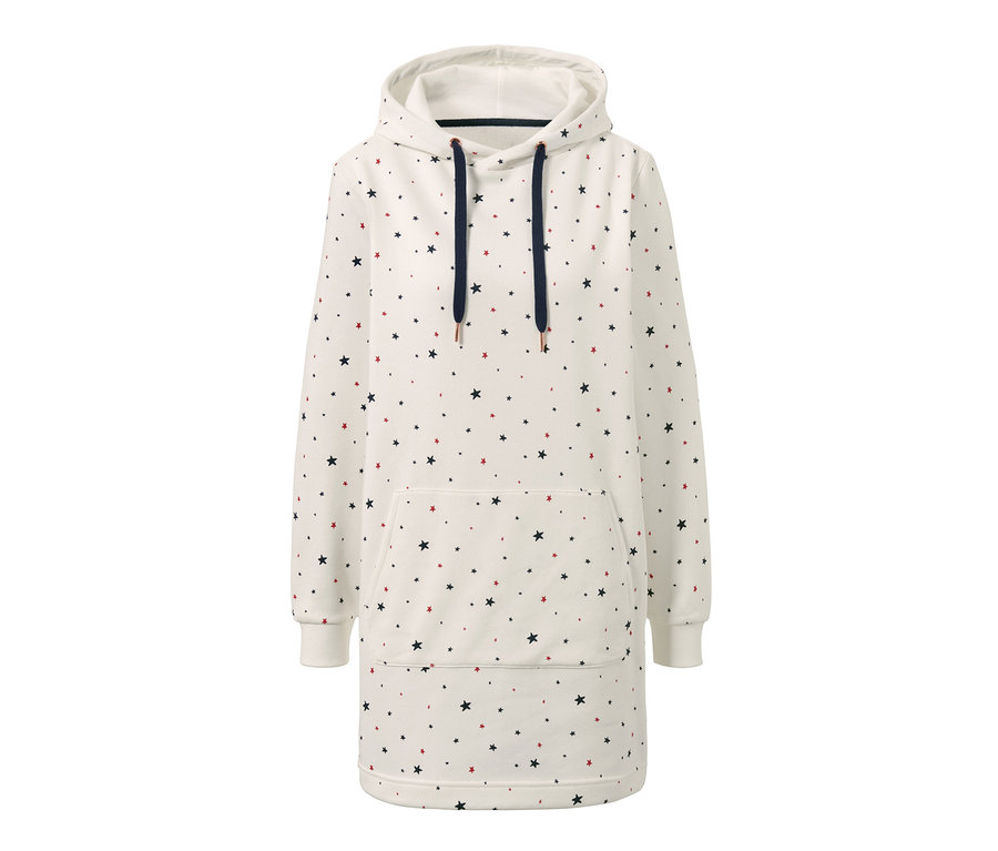 Cremefarbenes Loungewear-Kleid mit Kapuze und Sternen.