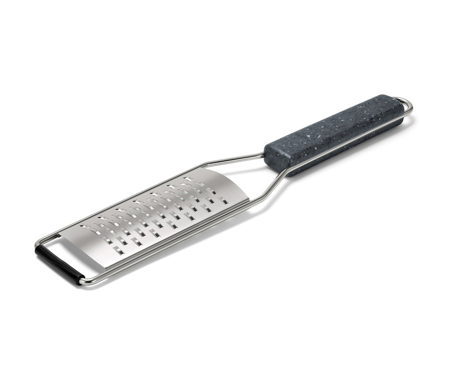 Grobe Handreibe mit grauem Griff und Metallumrandung.