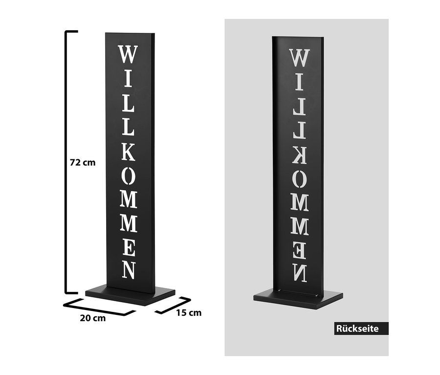 Schwarzes Standschild »Willkommen«.