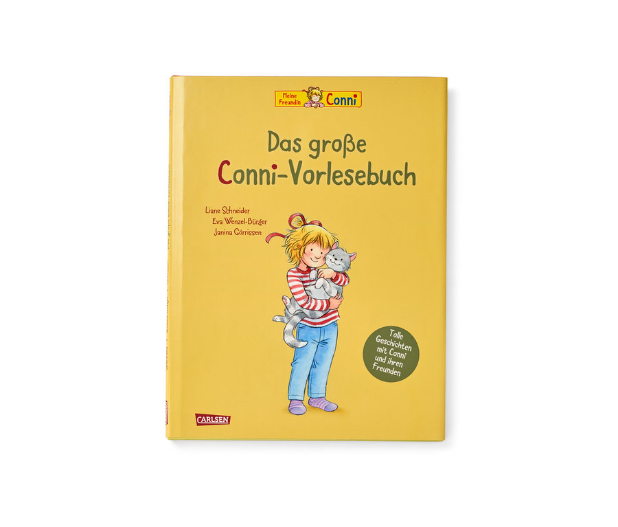 Gelbes Buch »Das große Conni-Vorlesebuch« mit Illustration eines Mädchens, das eine graue Katze umarmt.